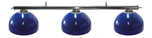 POOL TABLE LIGHTING WITH CHROME BAR AND 3 BLUE DELUXE METAL SHADES
